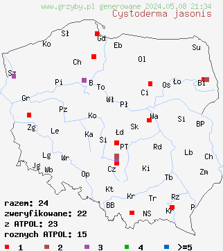 znaleziska Cystoderma jasonis (ziarnówka żółtawa) na terenie Polski