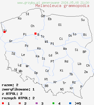 znaleziska Melanoleuca grammopodia (ciemnobiałka prążkowanotrzonowa) na terenie Polski