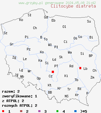 znaleziska Clitocybe diatreta (lejkówka rdzawa) na terenie Polski