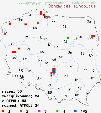 znaleziska Bonomyces sinopicus (lejkówka czerwonawa) na terenie Polski