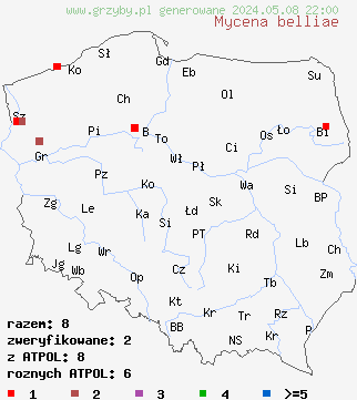 znaleziska Mycena belliae (grzybówka trzcinowa) na terenie Polski