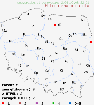 znaleziska Phloeomana minutula (grzybówka cuchnąca) na terenie Polski