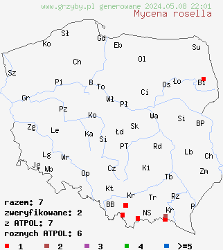 znaleziska Mycena rosella (grzybówka różowawa) na terenie Polski
