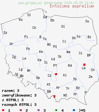 znaleziska Entoloma asprellum (dzwonkówka niebieskotrzonowa) na terenie Polski