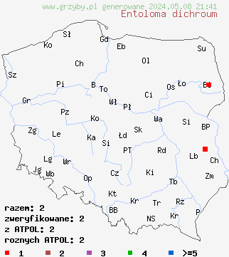 znaleziska Entoloma dichroum (dzwonkówka dwubarwna) na terenie Polski