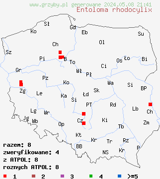 znaleziska Entoloma rhodocylix (dzwonkówka olszowa) na terenie Polski