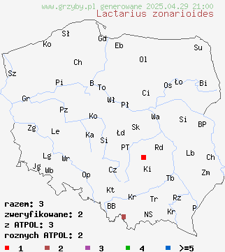 znaleziska Lactarius zonarioides (mleczaj strefowany) na terenie Polski