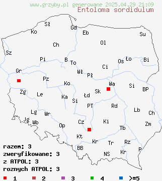 znaleziska Entoloma sordidulum (dzwonkówka brudnawa) na terenie Polski