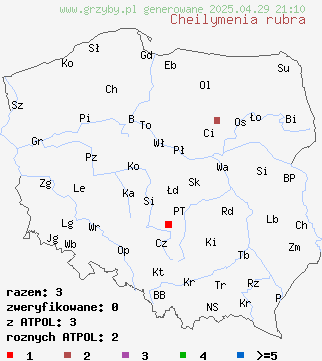 znaleziska Cheilymenia rubra na terenie Polski