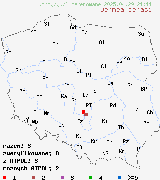 znaleziska Dermea cerasi na terenie Polski
