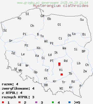 znaleziska Hysterangium clathroides na terenie Polski