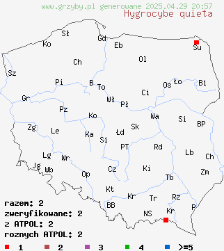 znaleziska Hygrocybe quieta (wilgotnica wypukła) na terenie Polski