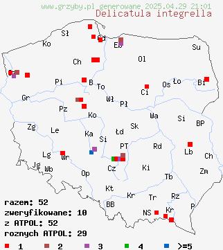 znaleziska Delicatula integrella (żyłkoblaszka wklęsłokapeluszowa) na terenie Polski