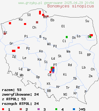 znaleziska Bonomyces sinopicus (lejkówka czerwonawa) na terenie Polski