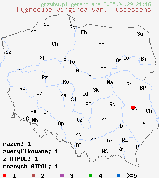 znaleziska Hygrocybe virginea var. fuscescens na terenie Polski