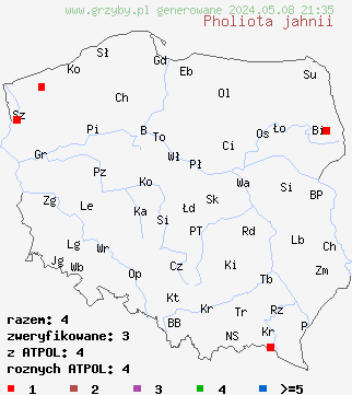 znaleziska Pholiota jahnii na terenie Polski