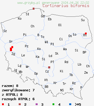 znaleziska Cortinarius biformis na terenie Polski