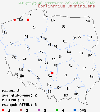 znaleziska Cortinarius umbrinolens na terenie Polski
