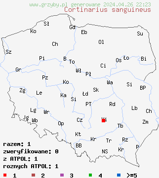 znaleziska Cortinarius sanguineus na terenie Polski