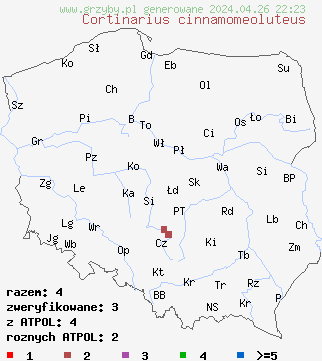 znaleziska Cortinarius cinnamomeoluteus na terenie Polski