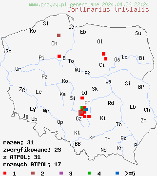 znaleziska Cortinarius trivialis na terenie Polski