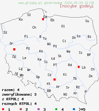 znaleziska Inocybe godeyi na terenie Polski