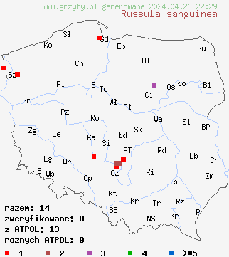 znaleziska Russula sanguinea na terenie Polski