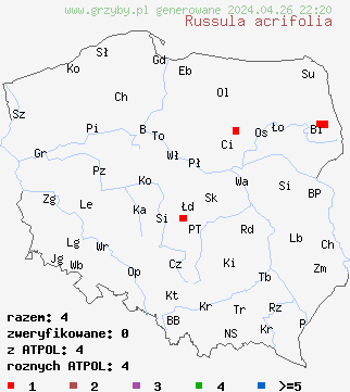 znaleziska Russula acrifolia na terenie Polski