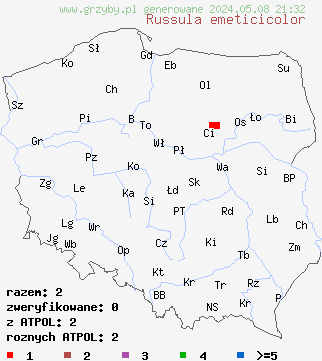znaleziska Russula emeticicolor (gołąbek różowoczerwony) na terenie Polski