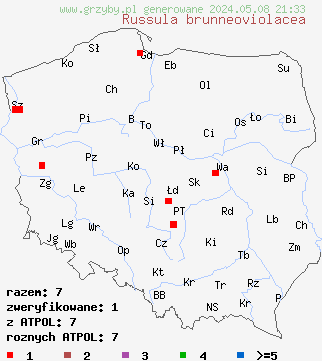 znaleziska Russula brunneoviolacea na terenie Polski