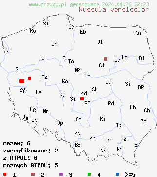 znaleziska Russula versicolor na terenie Polski