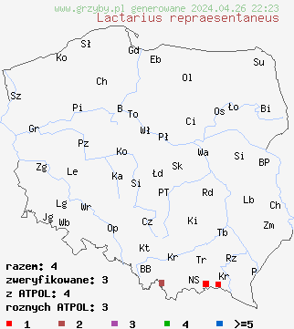 znaleziska Lactarius repraesentaneus (mleczaj Å¼Ã³Å‚tofioletowy) na terenie Polski