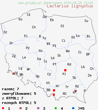 znaleziska Lactarius lignyotus na terenie Polski