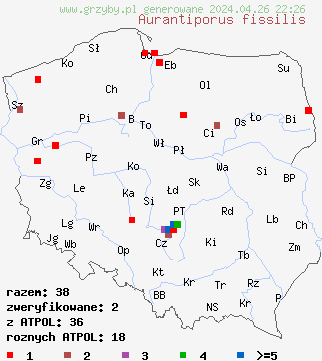 znaleziska Aurantiporus fissilis na terenie Polski