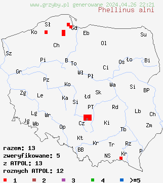 znaleziska Phellinus alni na terenie Polski