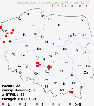 znaleziska Corticium roseum na terenie Polski