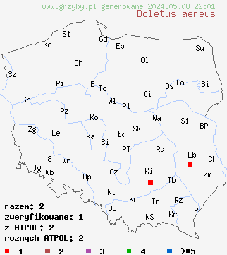 znaleziska Boletus aereus na terenie Polski