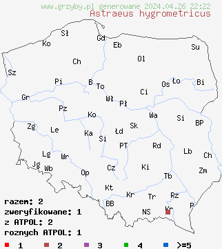 znaleziska Astraeus hygrometricus na terenie Polski
