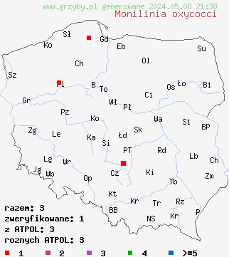 znaleziska Monilinia oxycocci (paciornica żurawinowa) na terenie Polski