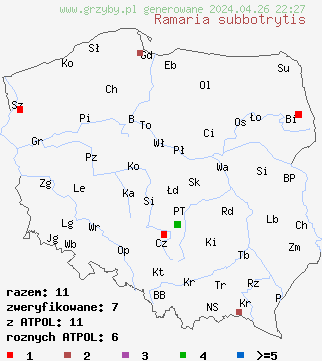 znaleziska Ramaria subbotrytis na terenie Polski