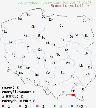 znaleziska Ramaria bataillei na terenie Polski