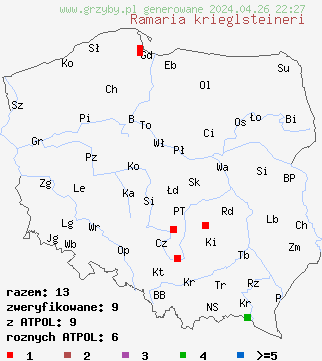 znaleziska Ramaria krieglsteineri na terenie Polski