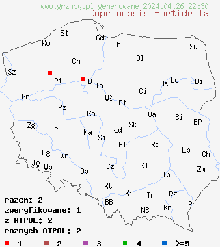 znaleziska Coprinopsis foetidella na terenie Polski