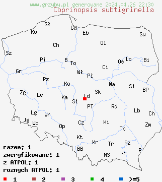 znaleziska Coprinopsis tigrinella na terenie Polski