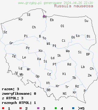 znaleziska Russula nauseosa na terenie Polski