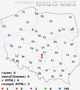 znaleziska Cortinarius helobius na terenie Polski