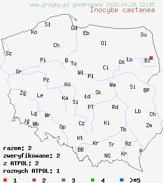 znaleziska Inocybe castanea na terenie Polski