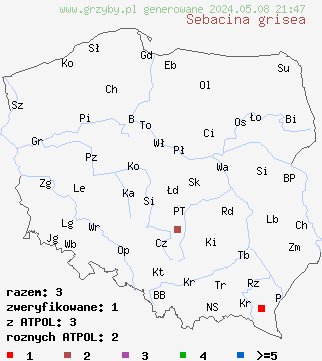 znaleziska Sebacina grisea (łojek szarawy) na terenie Polski