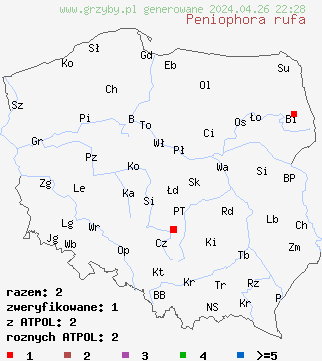 znaleziska Peniophora rufa na terenie Polski