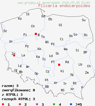 znaleziska Plicaria endocarpoides na terenie Polski